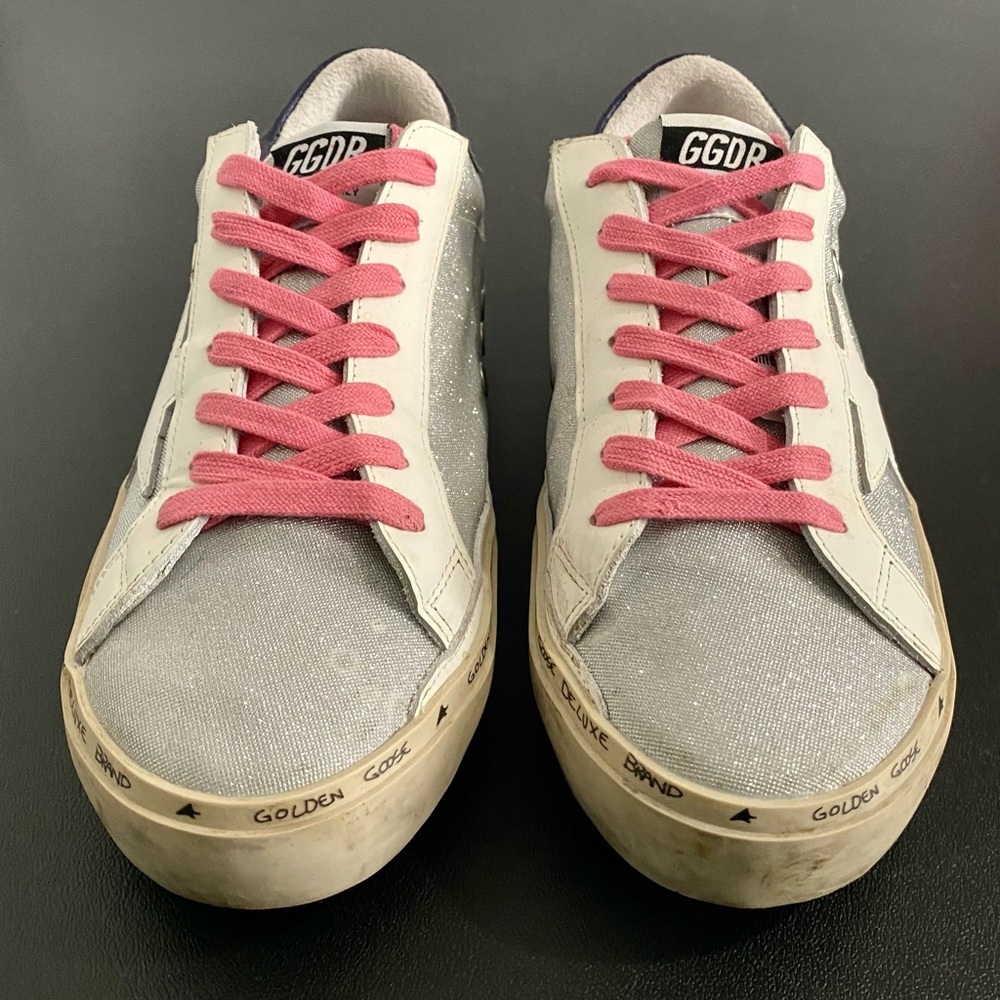 Golden Goose Deluxe Brand Hi Star Sneakers Size 40 US 10 Silver Checked Glitter - Picture 3 of 16